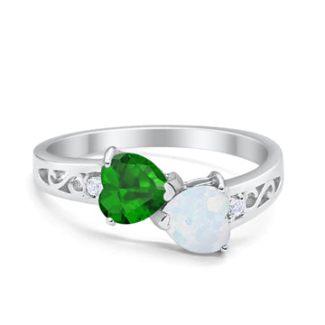 Heart Filigree Ring Simulated Green Emerald CZ 925 Sterling Silver